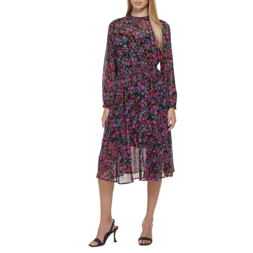 CALVIN KLEIN Floral Smocked Waist Dress | Flowing Midi | Size 14‎ *